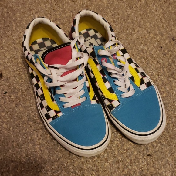 blue yellow and white vans cheap online